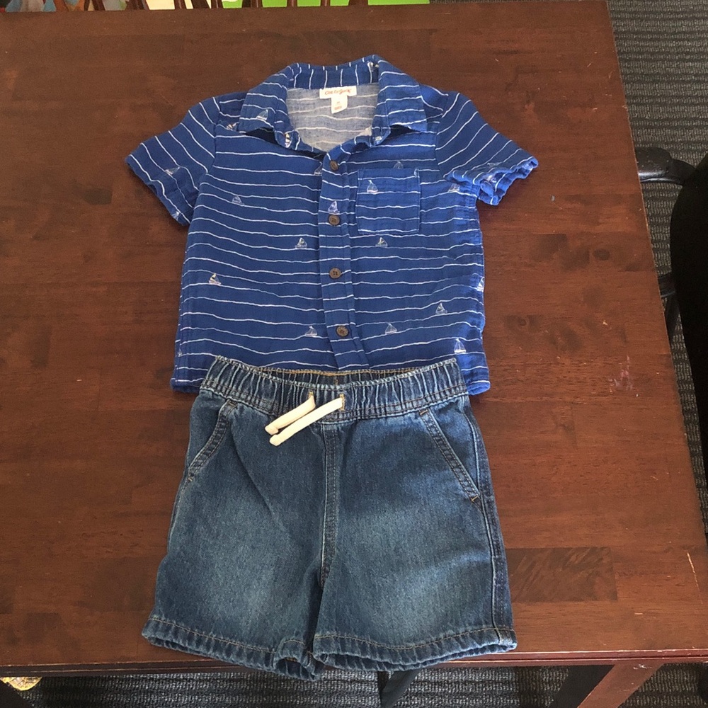 🛍️ Cat & Jack 2T Button Up Sailboat Top with 3T Denim Shorts